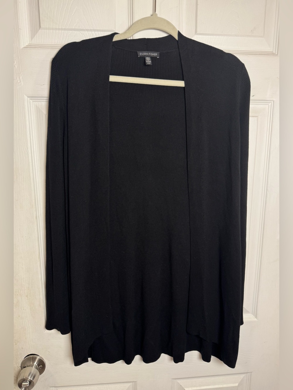Eileen Fisher Black Ribbed Knit Duster Cardigan Minimalist Gorpcore Quiet Luxury